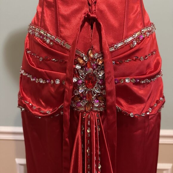 Women 6 Long Red Satin Beaded Formal Dress Evening Gown Strapless Glam Prom Gala - Picture 8 of 14